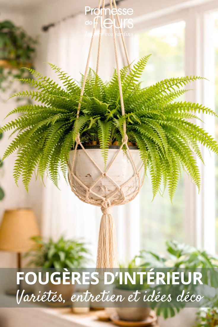 helecho en interior, suspensión de macramé