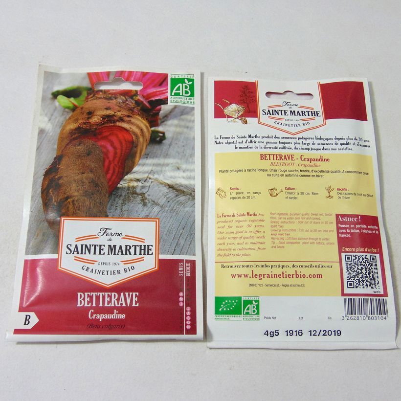 Ejemplo de ejemplar de Remolacha de mesa Crapaudine Bio - Ferme de Sainte Marthe saco de 250 semillas (4.5g) tal y como se entrega