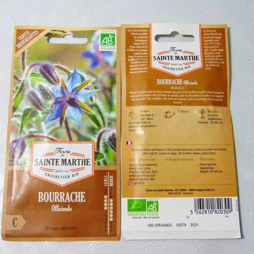 Ejemplo de ejemplar de Borraja Bio - Ferme de Ste Marthe - Borago officinalis saco de 90 semillas (2g) tal y como se entrega