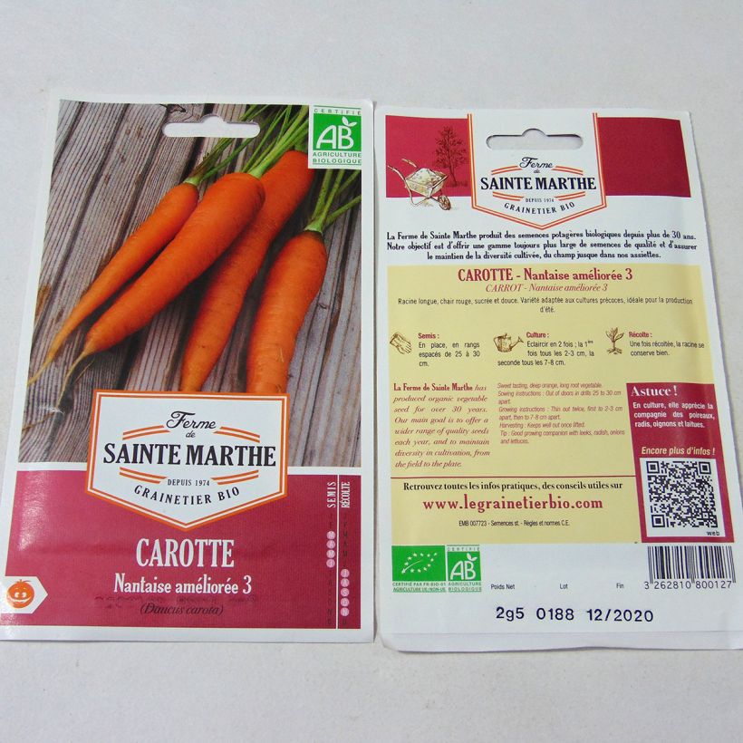 Ejemplo de ejemplar de Zanahoria Nantaise améliorée 2 saco de 2500 semillas (2.5g) tal y como se entrega