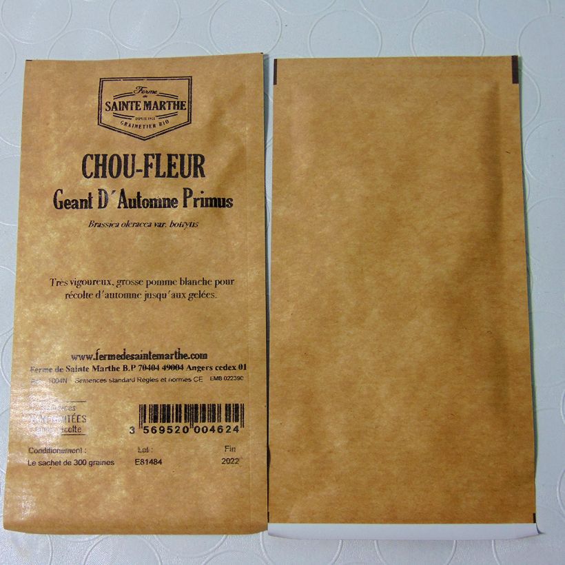 Ejemplo de ejemplar de Coliflor Géant d'Automne Primus - Ferme de Sainte Marthe saco de 300 semillas (1g) tal y como se entrega