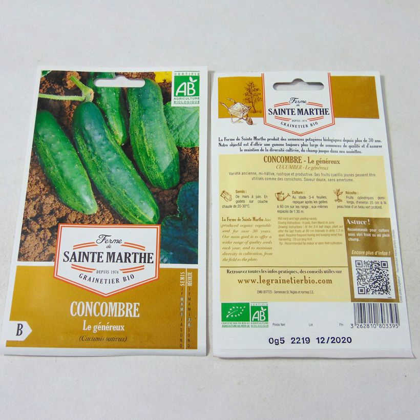 Ejemplo de ejemplar de Pepino Le Généreux Bio - Ferme de Sainte Marthe saco de 15 semillas tal y como se entrega