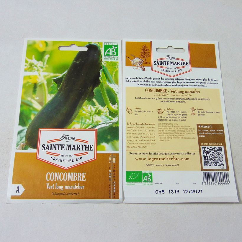 Ejemplo de ejemplar de Pepino Vert long maraîcher Bio - Ferme de Sainte Marthe saco de 15 semillas tal y como se entrega