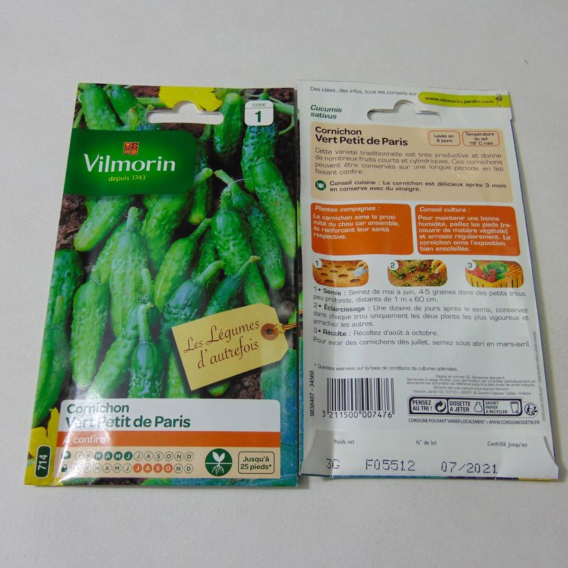 Ejemplo de ejemplar de Pepinillo Vert Petit de Paris - Vilmorin saco de 70 semillas (3g) tal y como se entrega