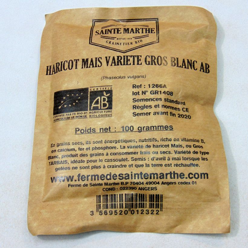 Ejemplo de ejemplar de Judía de enrame Maïs Variété Gros Blanc saco de 150 semillas (80g) tal y como se entrega