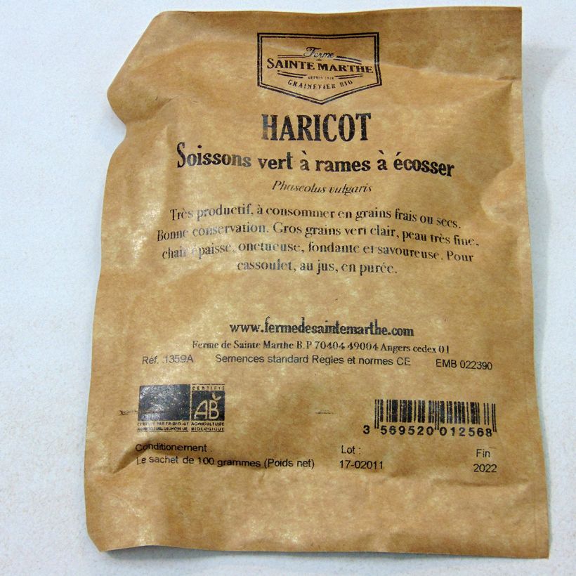 Ejemplo de ejemplar de Judía de enrame Soissons Vert Bio - Ferme de Sainte Marthe saco de 200 semillas (100g) tal y como se entrega