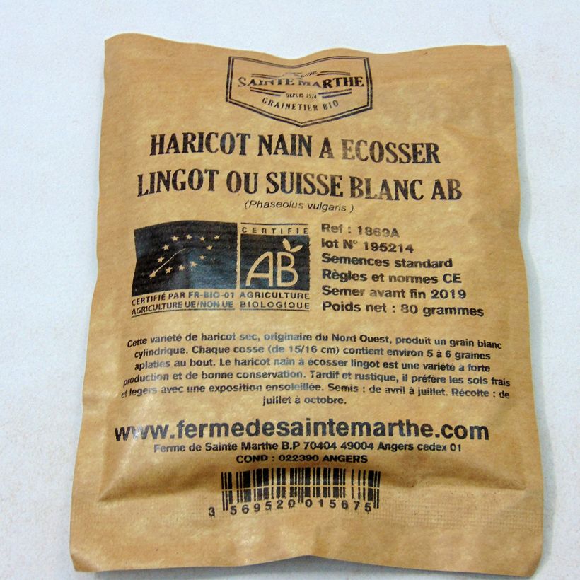 Ejemplo de ejemplar de Judía enana Lingot suisse blanc Bio - Ferme de Sainte Marthe saco de 160 semillas (80g) tal y como se entrega