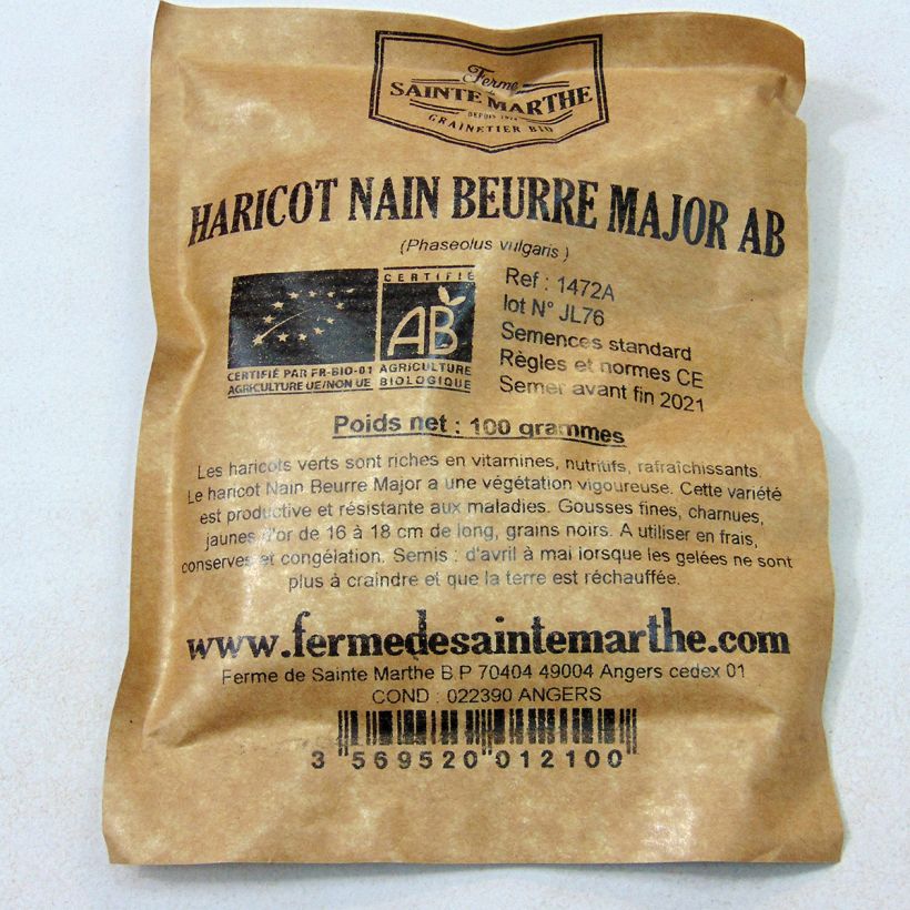 Ejemplo de ejemplar de Judía enana Major Bio - Ferme de Sainte Marthe saco de 80 gramos de semillas tal y como se entrega