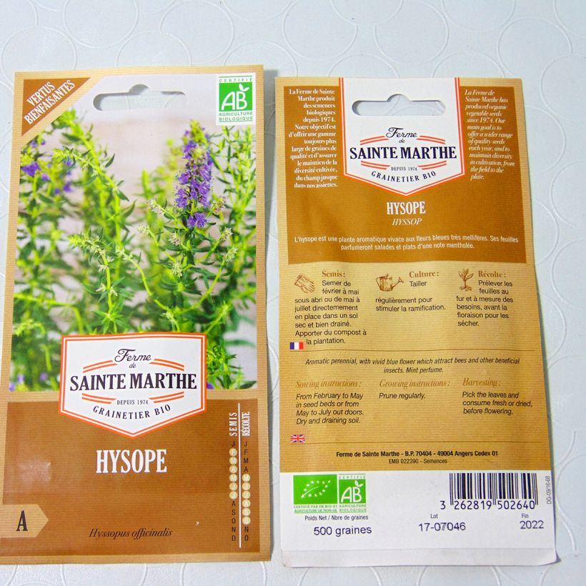 Ejemplo de ejemplar de Hisopo Bio - Ferme de Sainte Marthe saco de 500 semillas tal y como se entrega
