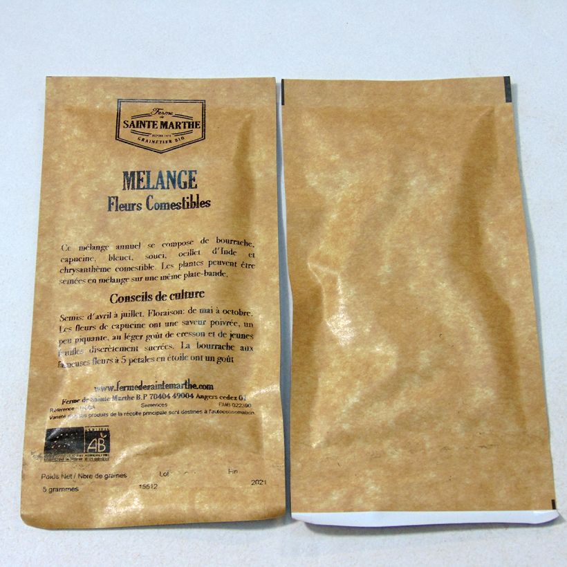 Ejemplo de ejemplar de Mélange de Fleurs Comestibles Bio - Ferme de Sainte Marthe saco de 5 gramos de semillas tal y como se entrega