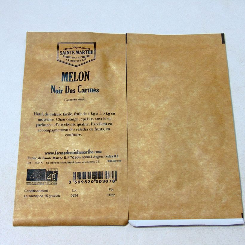 Ejemplo de ejemplar de Melón Noir des Carmes saco de 15 semillas tal y como se entrega