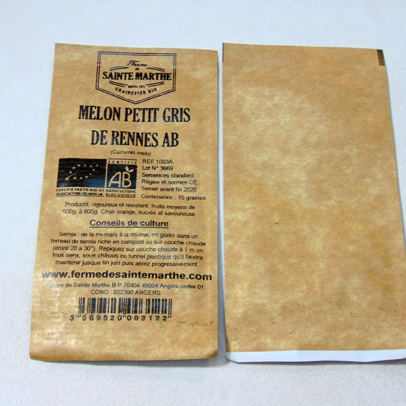 Ejemplo de ejemplar de Melón Petit gris de Rennes Bio - Ferme de Sainte Marthe saco de 15 semillas tal y como se entrega