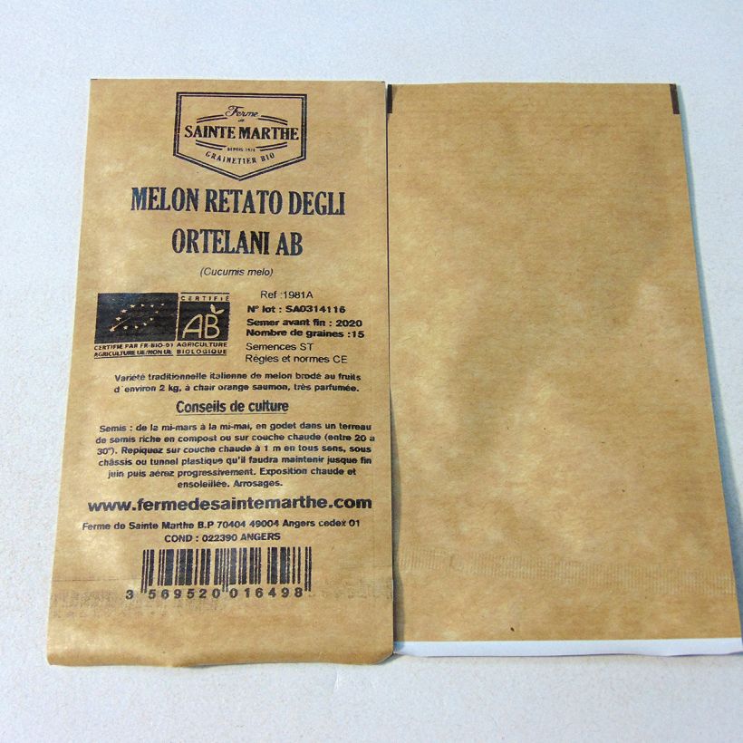 Ejemplo de ejemplar de Melón Rerato Degli Ortolani Bio saco de 15 semillas (Sachet de 15 grainesg) tal y como se entrega