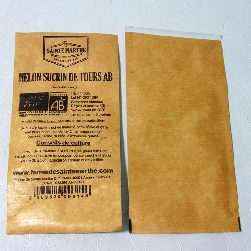 Ejemplo de ejemplar de Melón Sucrin de Tours Bio - Ferme de Sainte Marthe saco de 15 semillas tal y como se entrega