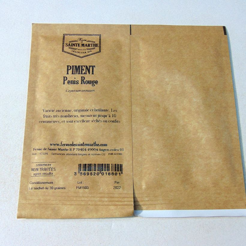 Ejemplo de ejemplar de Pimienta de Cayena Penis o Peter Pepper saco de 30 semillas (Sachet de 30 grainesg) tal y como se entrega