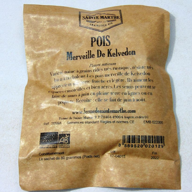 Ejemplo de ejemplar de Guisantes verdes Merveille de Kelvedon Bio - Ferme de Sainte Marthe saco de 80 gramos de semillas tal y como se entrega