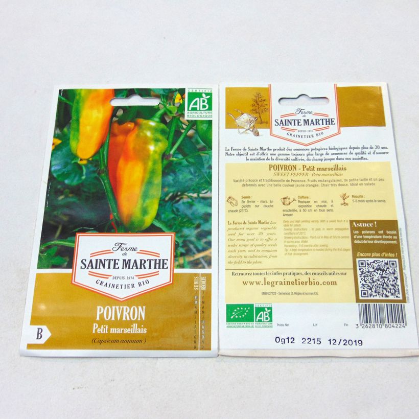 Ejemplo de ejemplar de Pimiento Petit Marseillais Bio - Ferme de Sainte Marthe saco de 15 semillas tal y como se entrega