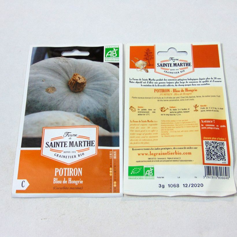 Ejemplo de ejemplar de Calabaza Bleu De Hongrie Bio - Ferme de Sainte Marthe saco de 8 semillas (3g) tal y como se entrega