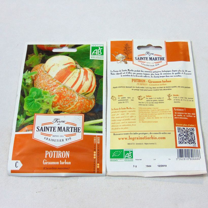 Ejemplo de ejemplar de Calabaza Giraumon Turban Bio - Ferme de Sainte Marthe saco de 10 semillas (3g) tal y como se entrega