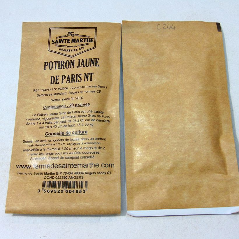 Ejemplo de ejemplar de Calabaza Jaune Gros de Paris no tratada - Ferme de Sainte Marthe saco de 20 semillas (6g) tal y como se entrega