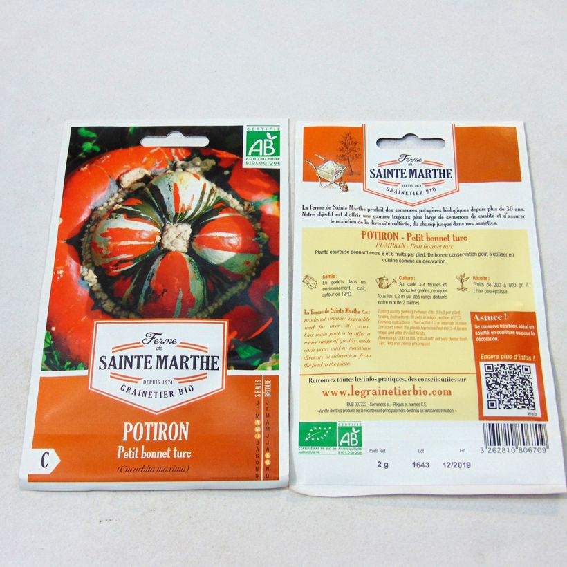 Ejemplo de ejemplar de Calabaza Petit Bonnet Turc saco de 8 semillas (2g) tal y como se entrega