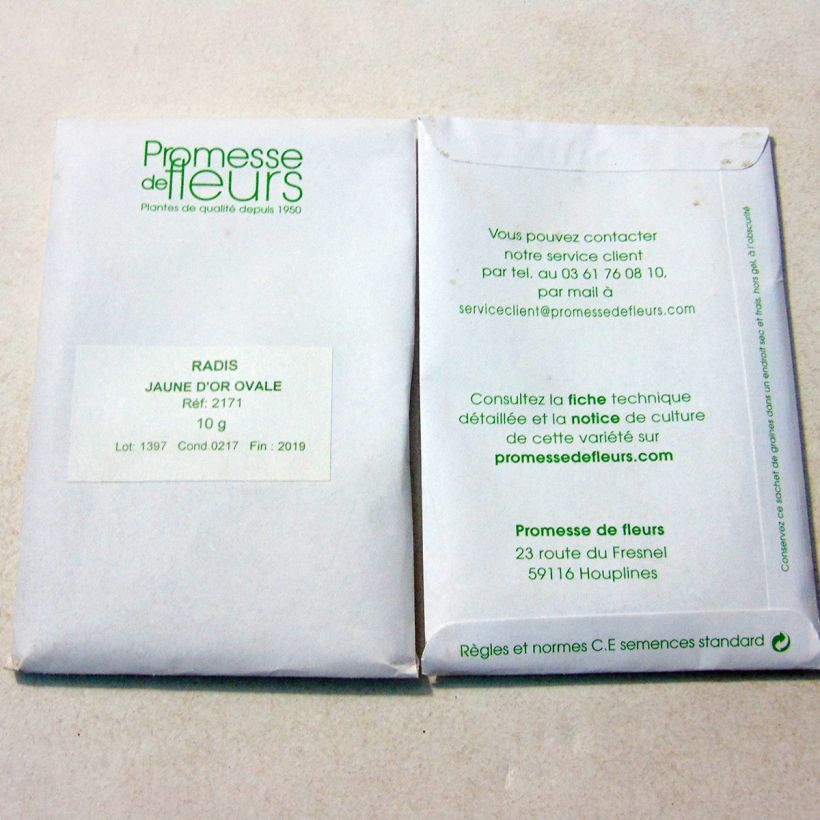 Ejemplo de ejemplar de Rábano sativus Jaune d'or ovale saco de 800 semillas (10g) tal y como se entrega
