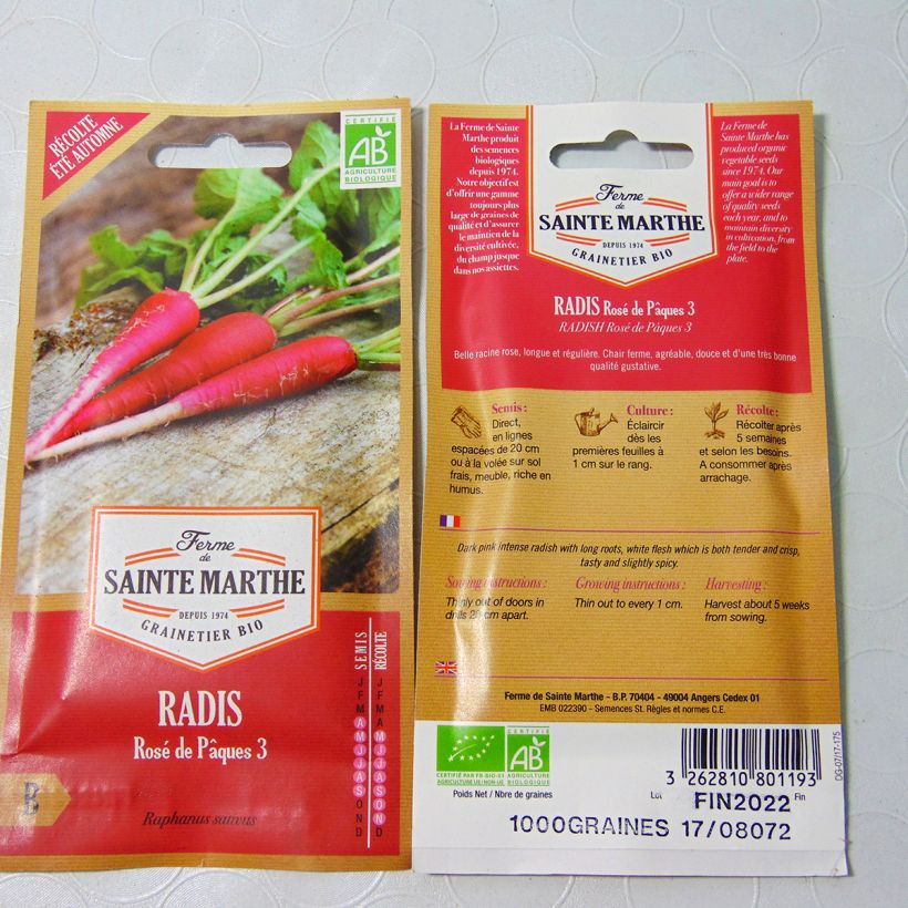 Ejemplo de ejemplar de Rábano Rose de Pâques 3 saco de 700 semillas (8g) tal y como se entrega