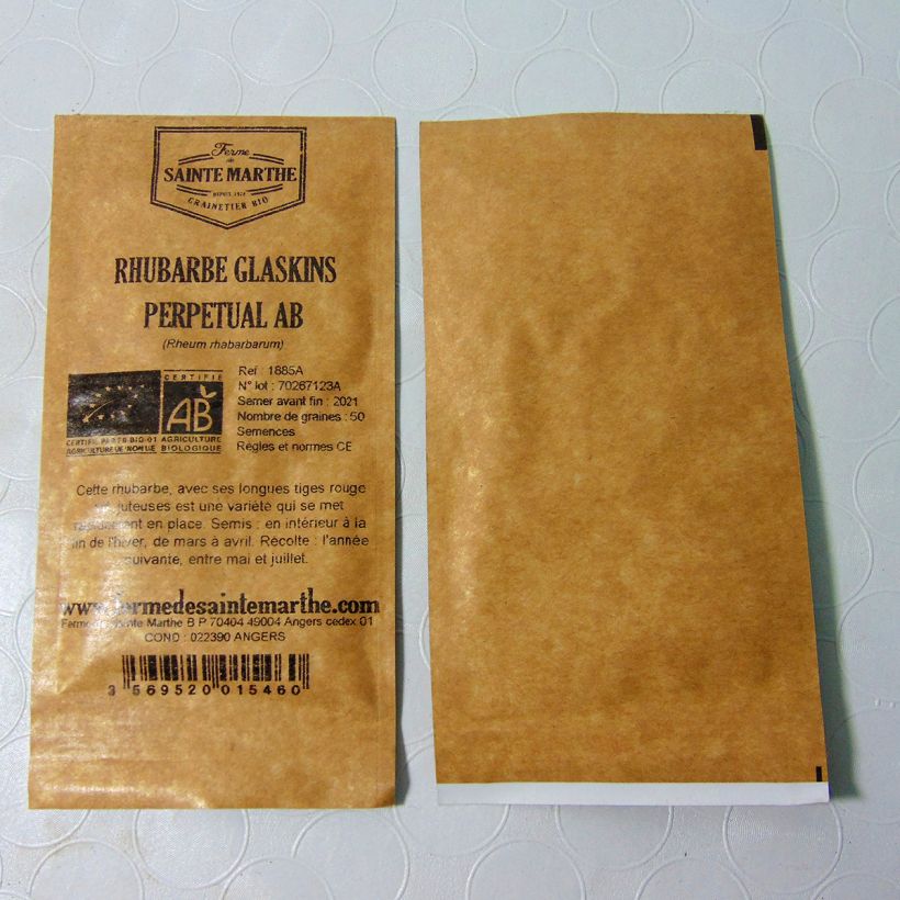 Ejemplo de ejemplar de Ruibarbo Glaskins Perpetual saco de 50 semillas tal y como se entrega