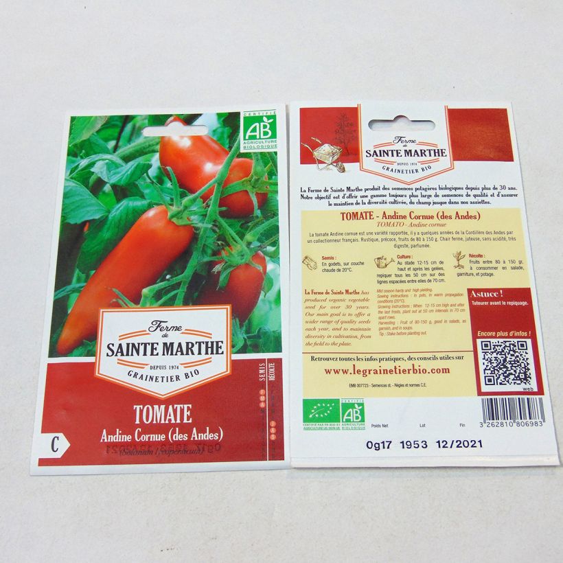 Ejemplo de ejemplar de Tomate Andine Cornue Bio saco de 50 semillas tal y como se entrega