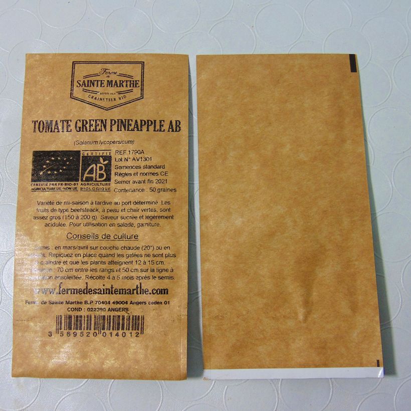 Ejemplo de ejemplar de Tomate Green Pineapple Bio - Ananas verte - Ferme de Sainte Marthe Graines tal y como se entrega