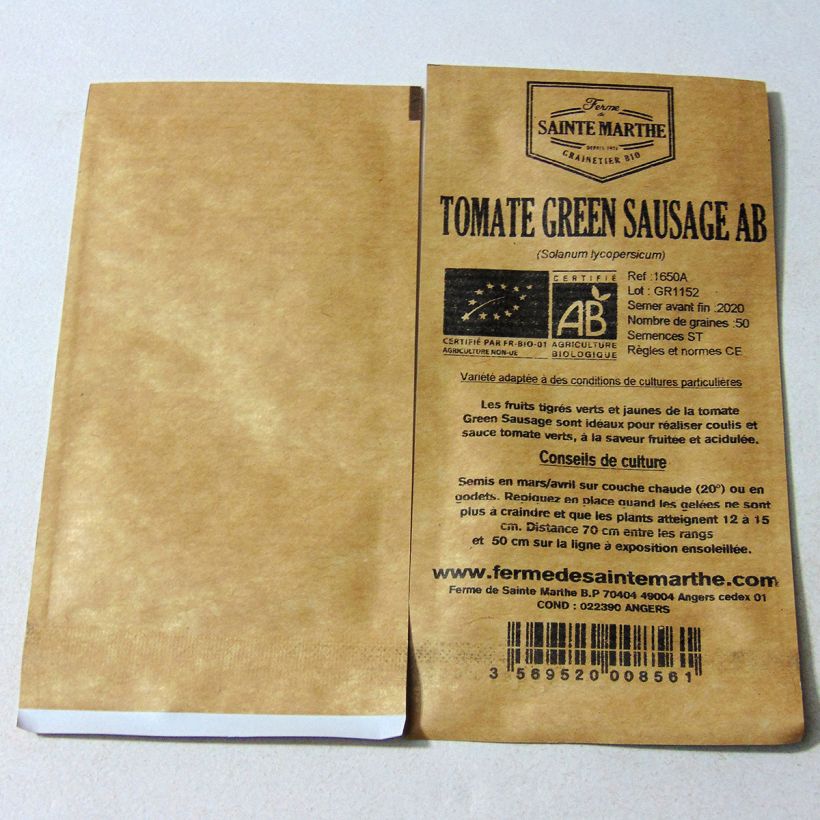 Ejemplo de ejemplar de Tomate Green Sausage saco de 50 semillas tal y como se entrega