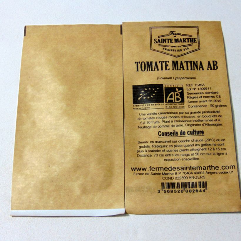 Ejemplo de ejemplar de Tomate Matina BIO saco de 50 semillas tal y como se entrega