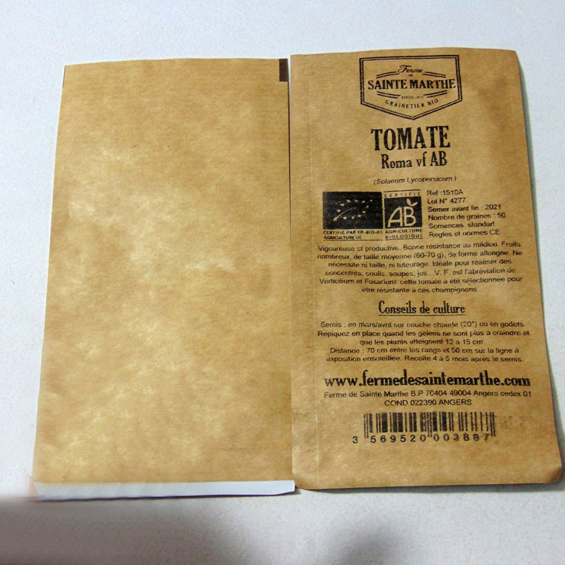 Ejemplo de ejemplar de Tomate Roma VF Bio - Ferme de Sainte Marthe saco de 50 semillas tal y como se entrega