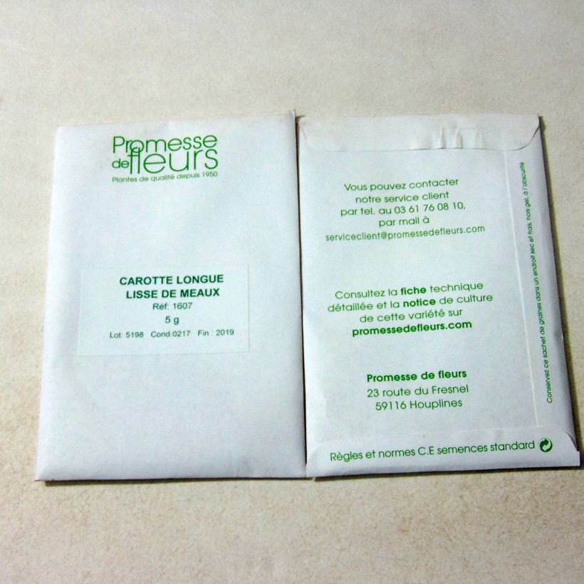 Ejemplo de ejemplar de Zanahoria Longue Lisse de Meaux saco de 3600 semillas (5g) tal y como se entrega