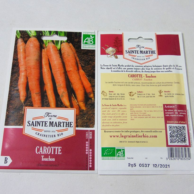 Ejemplo de ejemplar de Zanahoria Touchon Bio - Ferme de Sainte Marthe saco de 1700 semillas (2.5g) tal y como se entrega