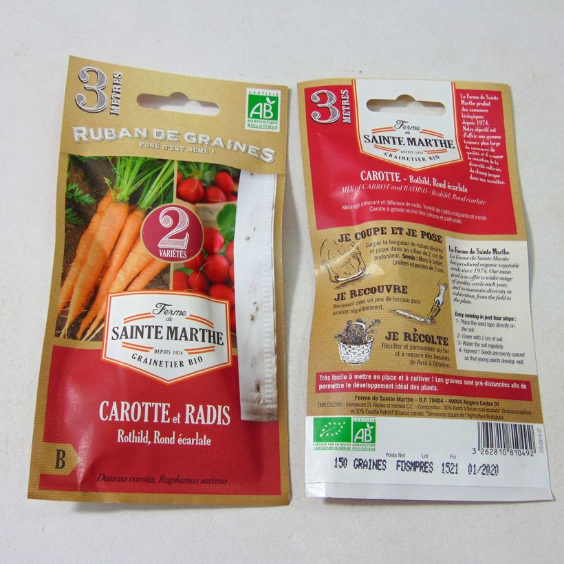 Ejemplo de ejemplar de Cinta de semillas de Zanahoria Rothild - Rábano Escarlata - Bio - Ferme de Sainte Marthe Semillas en cintas tal y como se entrega