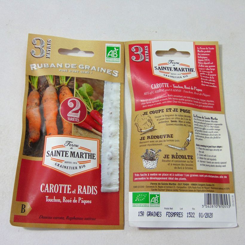 Ejemplo de ejemplar de Cinta de semillas de Zanahoria Touchon - Rábano de Pascua - Bio - Ferme de Sainte Marthe Semillas en cintas tal y como se entrega