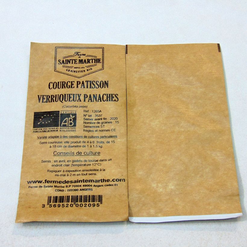 Ejemplo de ejemplar de Calabaza bonetera Pâtisson verruqueux panaché saco de 20 semillas (1g) tal y como se entrega