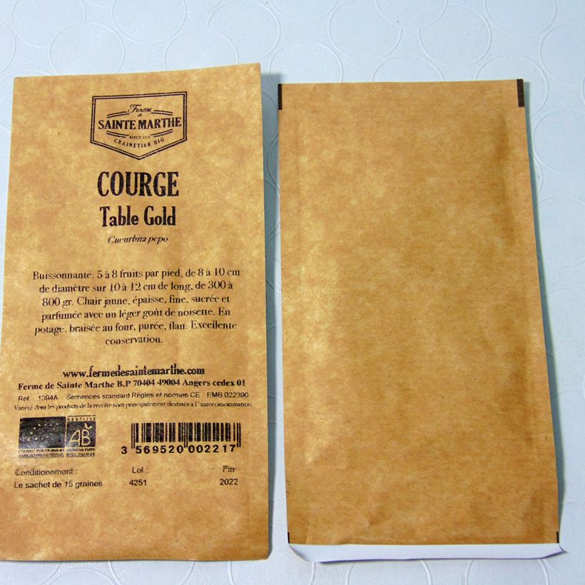 Ejemplo de ejemplar de Calabacín Table Gold saco de 20 semillas (1g) tal y como se entrega