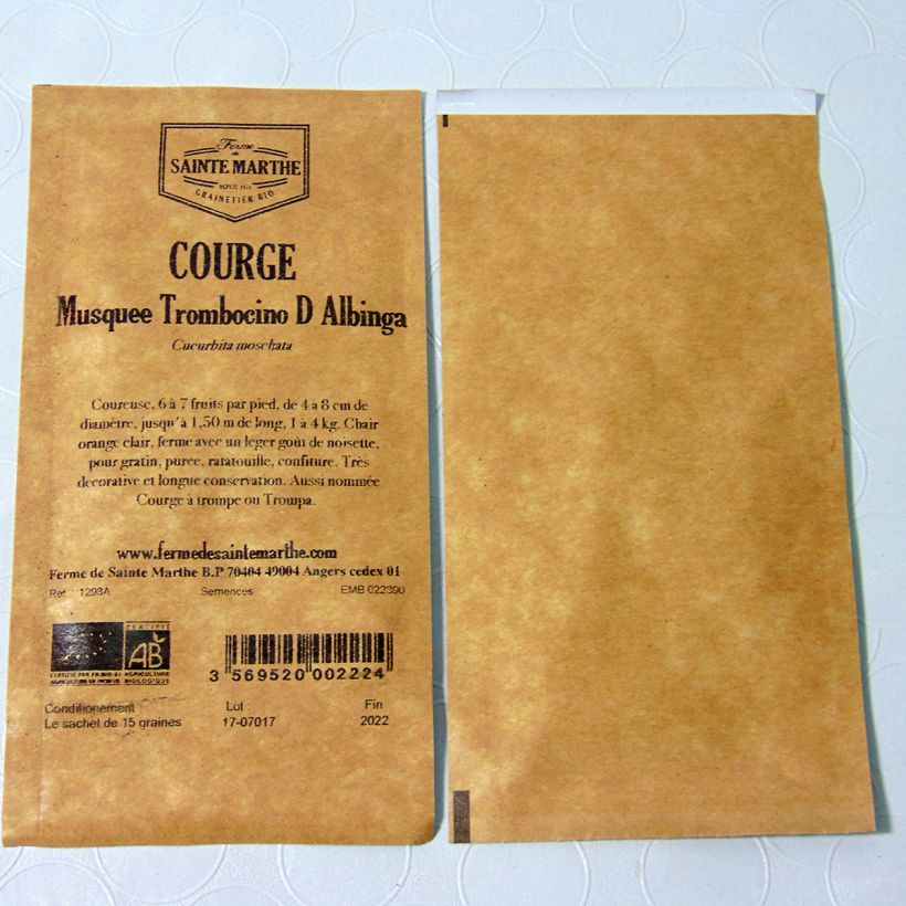 Ejemplo de ejemplar de Calabacita amarilla Tromboncino d'Albinga saco de 20 semillas (1g) tal y como se entrega