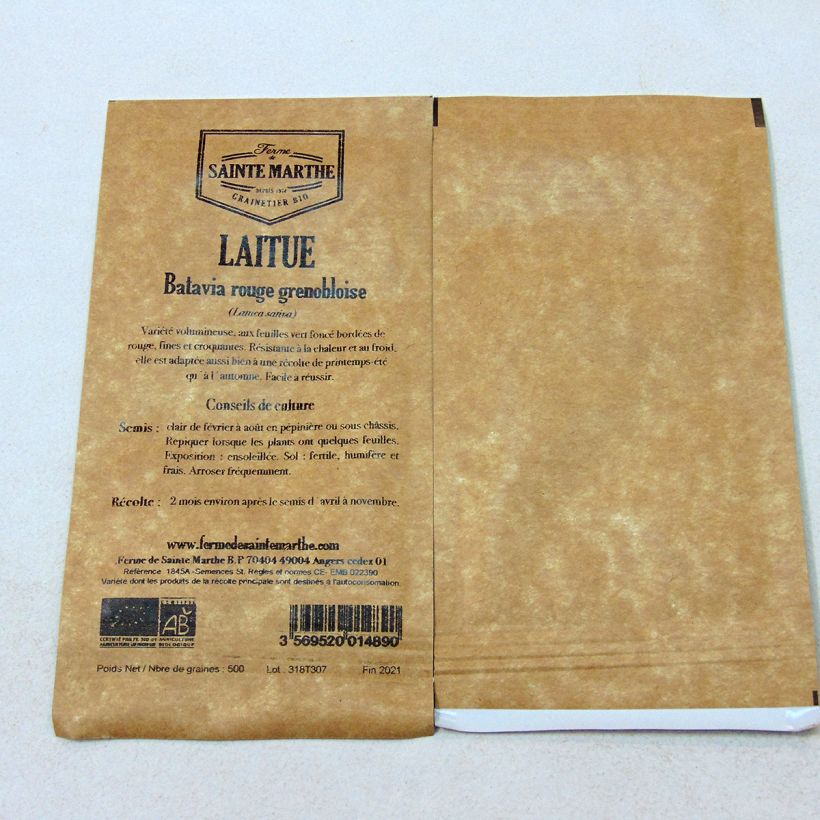 Ejemplo de ejemplar de Lechuga Batavia Roja Grenobloise Bio - Ferme de Sainte Marthe saco de 500 semillas tal y como se entrega