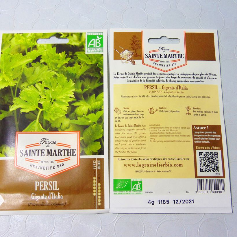 Ejemplo de ejemplar de Perejil Géant d'Italie Bio - Ferme de Sainte Marthe saco de 1700 semillas (4g) tal y como se entrega