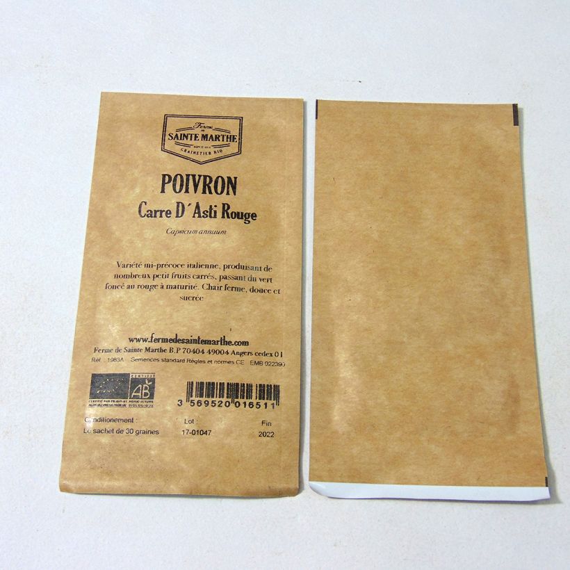 Ejemplo de ejemplar de Pimiento quadrato d'Asti Rouge saco de 30 semillas (Sachet de 30 grainesg) tal y como se entrega