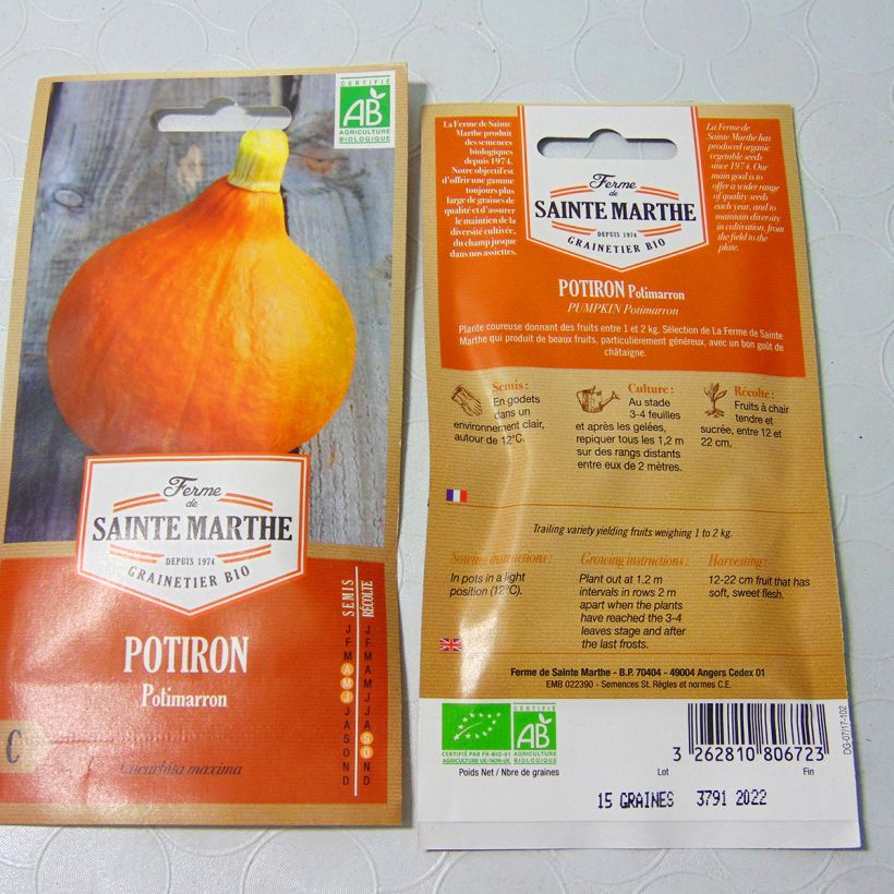 Ejemplo de ejemplar de Calabaza Potimarron Bio - Ferme de Sainte Marthe saco de 10 semillas (2g) tal y como se entrega