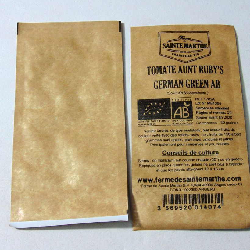 Ejemplo de ejemplar de Tomate Aunt Ruby´s German Green saco de 50 semillas tal y como se entrega