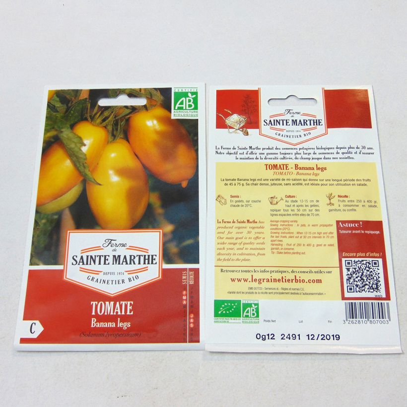 Ejemplo de ejemplar de Tomate Banana Legs saco de 30 semillas tal y como se entrega