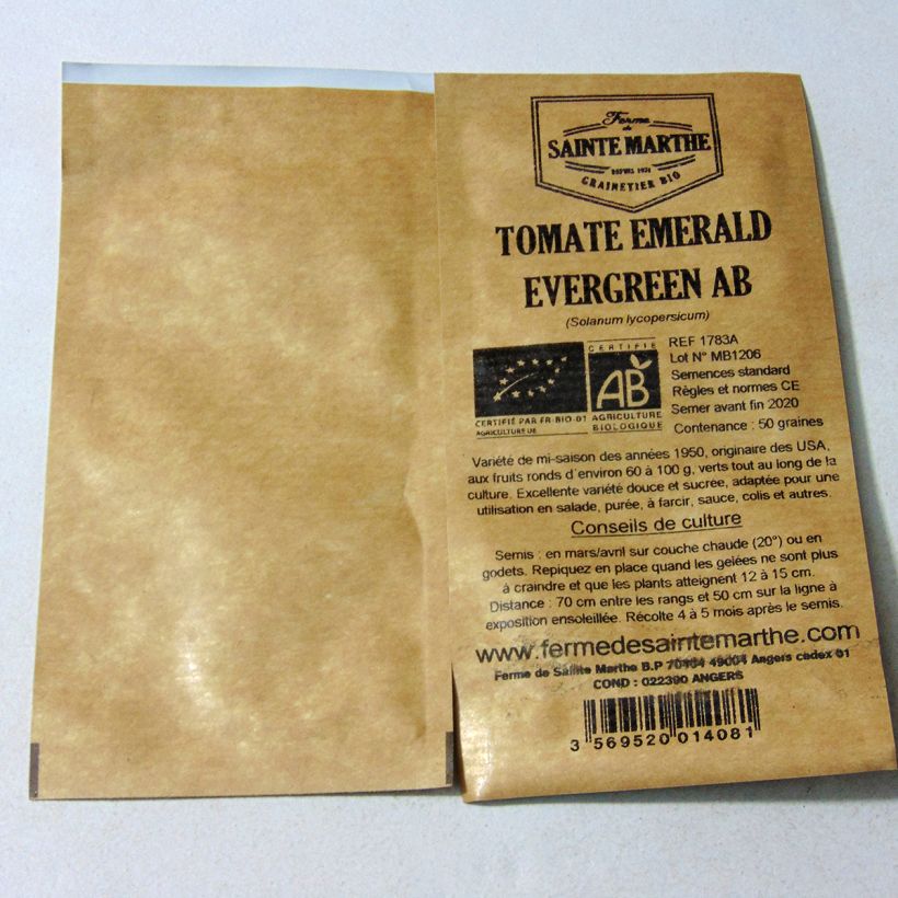 Ejemplo de ejemplar de Tomate Emerald Evergreen saco de 50 semillas tal y como se entrega