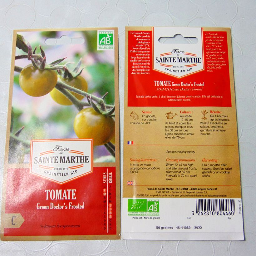 Ejemplo de ejemplar de Tomate Green Doctor's Frosted saco de 50 semillas tal y como se entrega