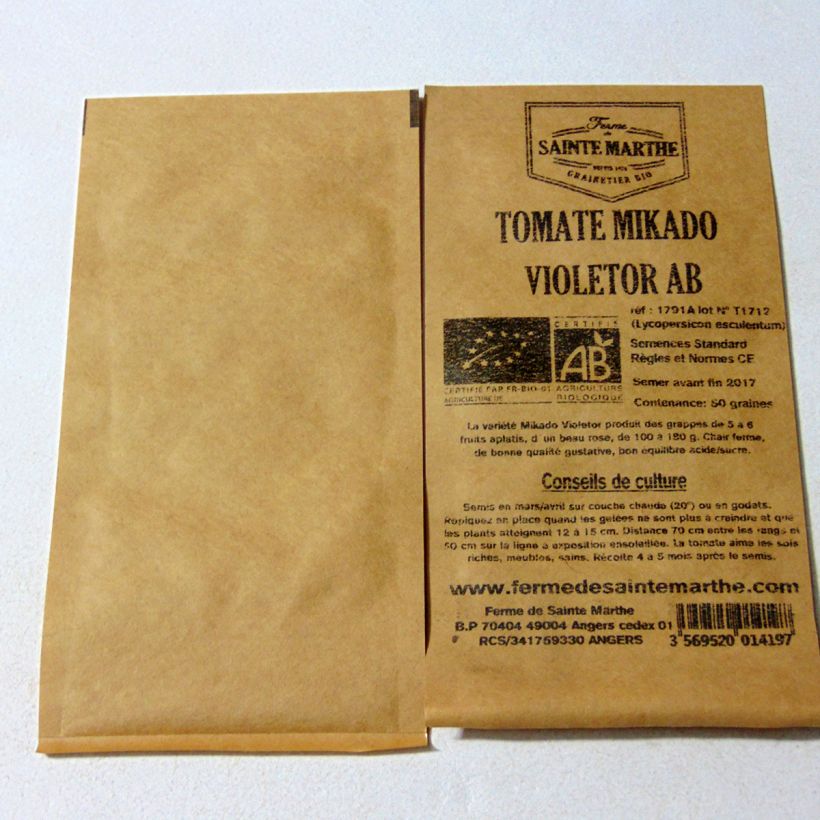 Ejemplo de ejemplar de Tomate Mikado Violetor saco de 50 semillas tal y como se entrega