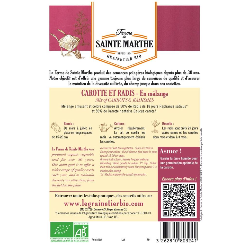 Zanahoria y Rábano en mezcla (Zanahoria Nantaise 2 - Rábano de 18 días) - Bio - Ferme de Sainte Marthe